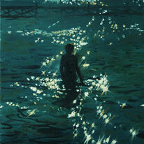 A shadowy silhouette stands surrounded by shimmery blue-green water.